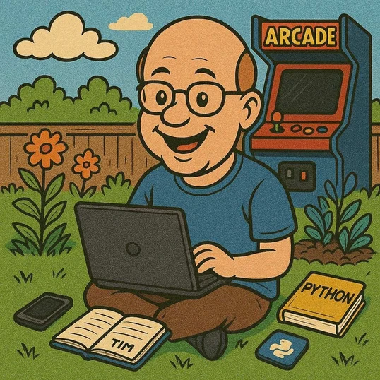 Illustration of person in a garden with a laptop and an arcade machine behind them